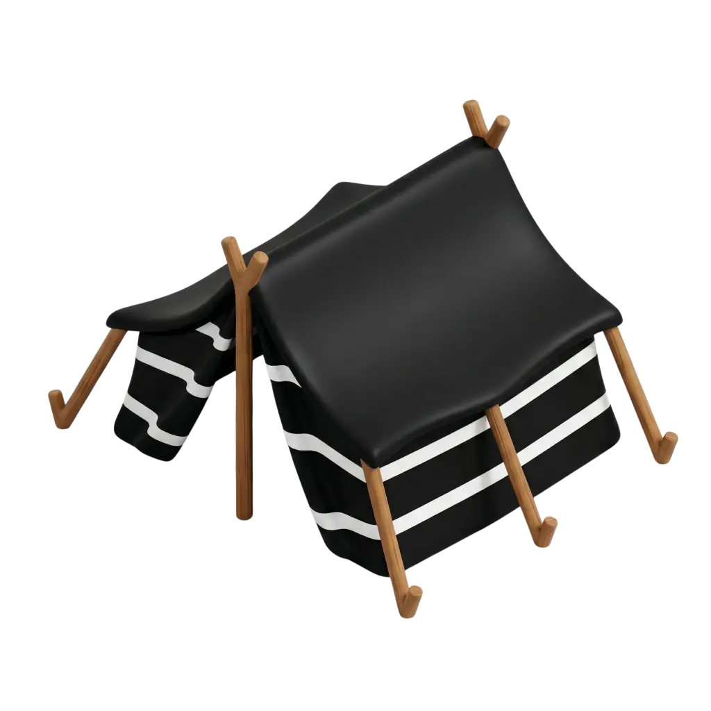 3D render of a black fabric tent with white horizontal stripes, supported by warm wooden Y-shaped poles and a smooth matte textile finish on a transparent background.