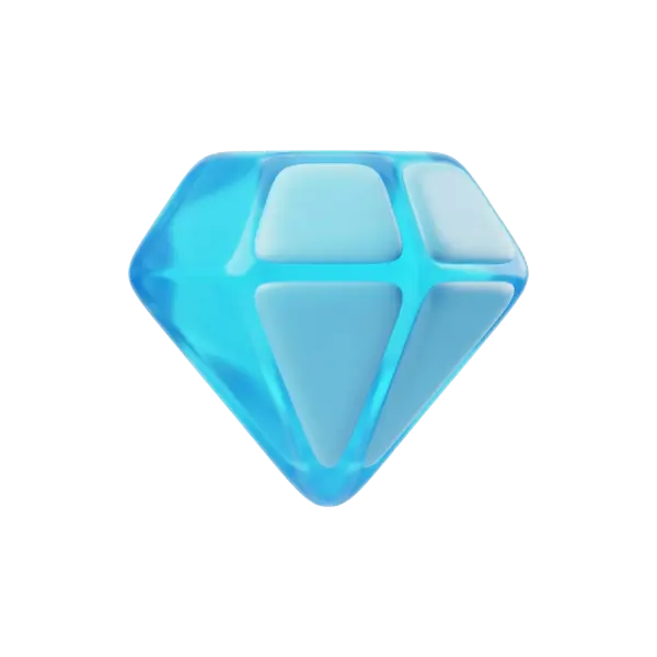 3D render of a faceted blue diamond with a glossy, translucent glass-like finish and soft matte inset panels, isolated against a transparent background.