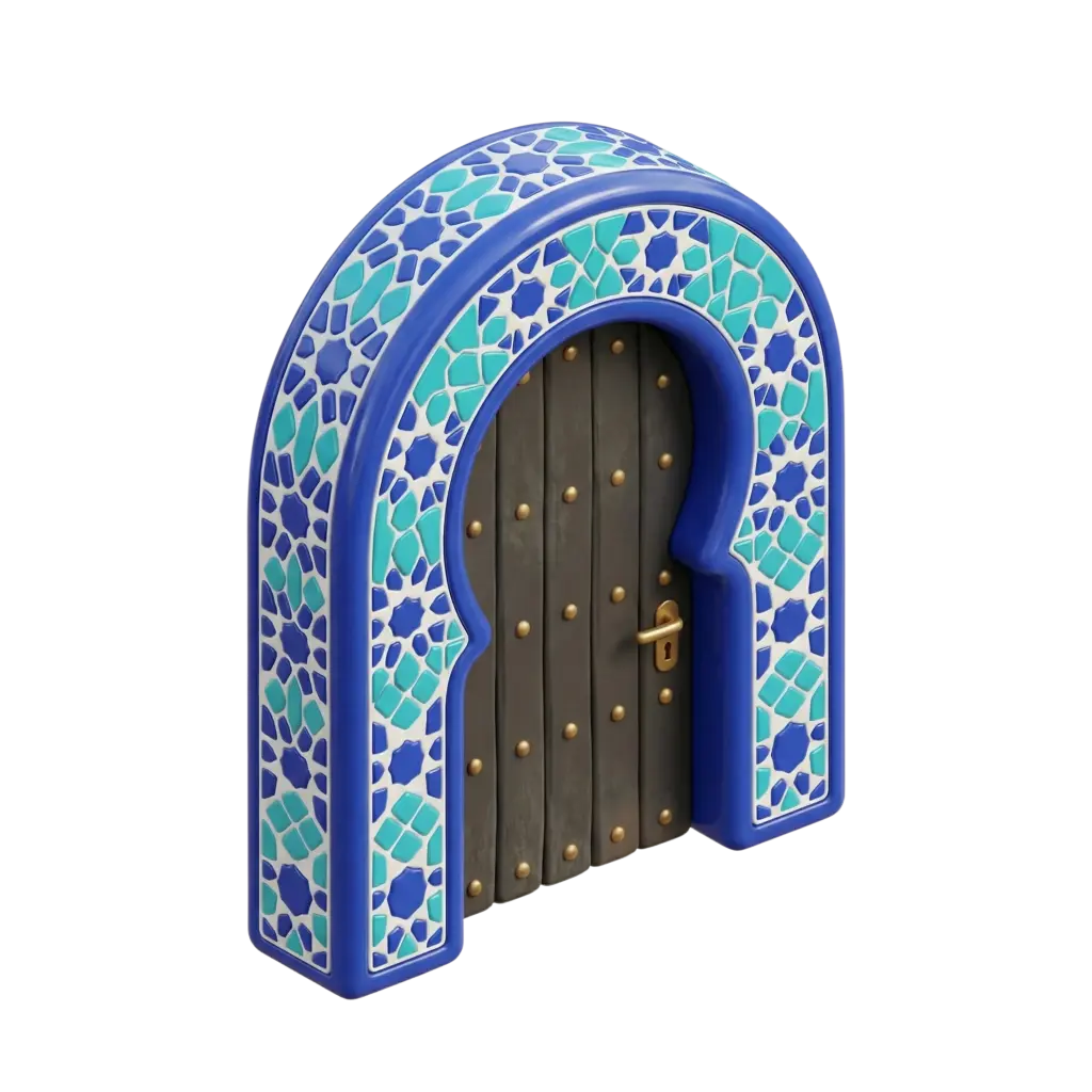 3D render of a blue arched door with a glossy turquoise-and-cobalt mosaic tile frame, a matte weathered wooden plank door with brass studs and a brass handle, isolated on a black background.