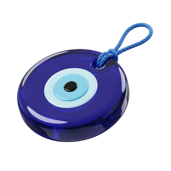 3D render of a circular blue glass evil eye talisman with glossy finish, layered light-blue concentric rings and a black pupil, attached to a twisted blue cord loop; transparent background.