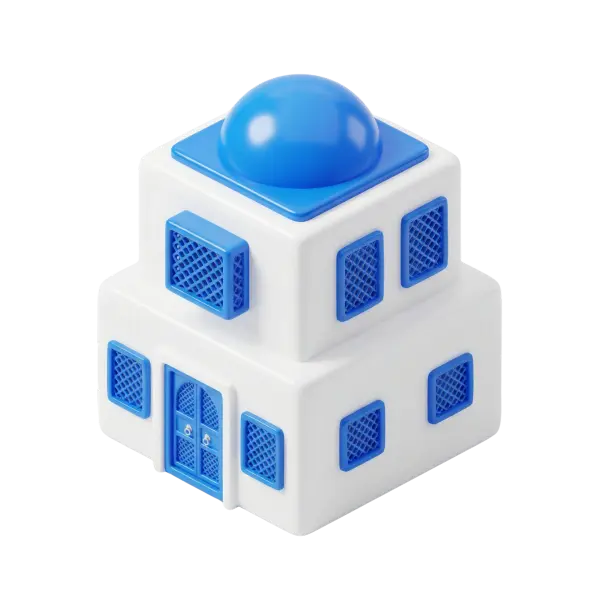3D render of a stylized two-story white house with a bright blue domed roof, blue lattice windows and matching blue door, glossy plastic finish and smooth rounded edges. Isolated on a transparent background.