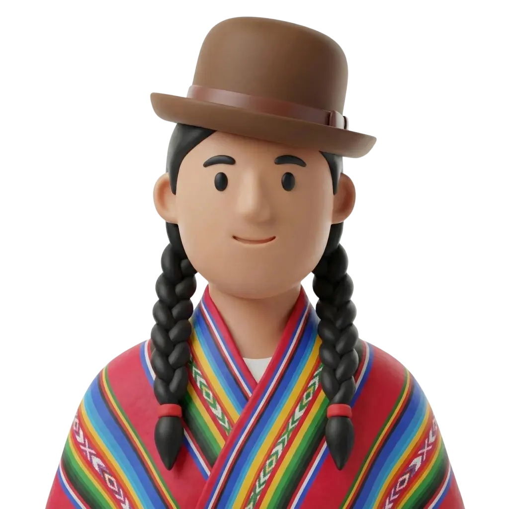 3D portrait bust of a Bolivian woman wearing a brown bowler hat, two long black braids tied with red bands, and a vibrant multicolored Andean woven shawl with geometric stripes; she has a gentle smile and a neutral, front-facing pose. Background is plain black / isolated render.