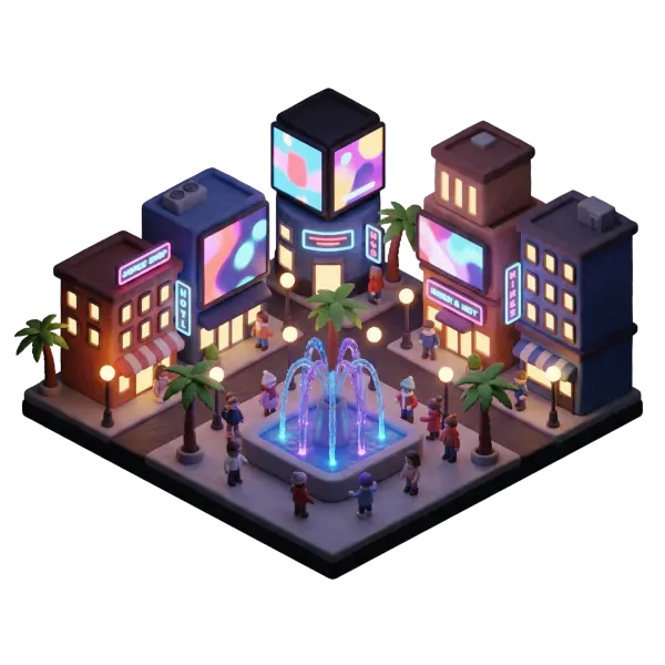 3D render of a compact urban plaza with neon-lit modern buildings, a central illuminated fountain, palm trees and small stylized people; isometric perspective with soft evening lighting and isolated on a dark background.