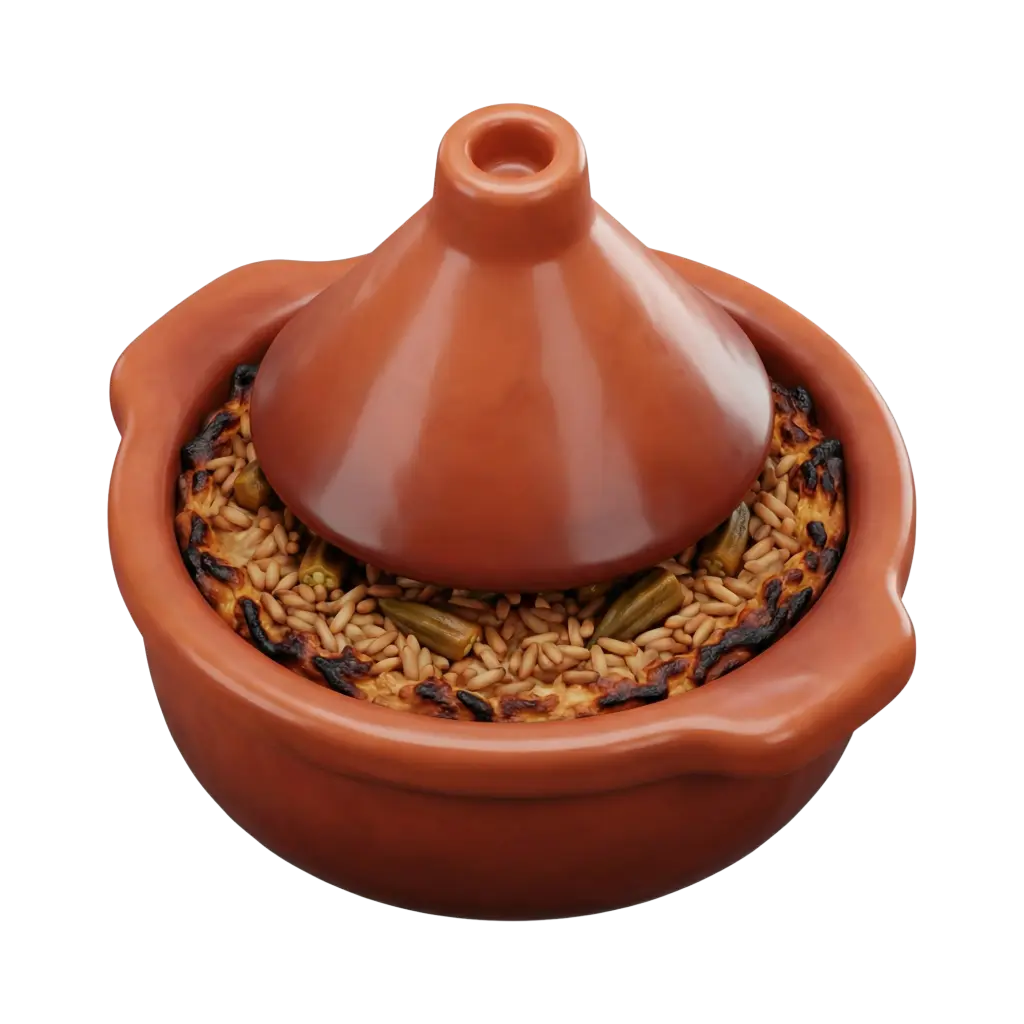 3D render of a partially open terracotta tagine pot showing toasted pine nuts, small green okra pieces and a browned crust, with a glossy reddish-brown ceramic lid and bowl on a black isolated background.