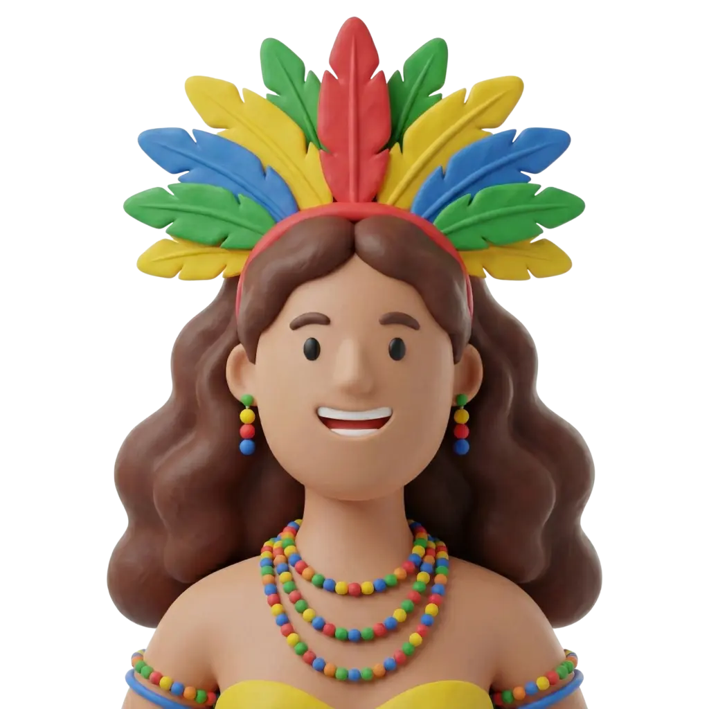3D portrait bust of a female Brazilian dancer wearing a colorful feather headdress (red, green, yellow, blue), wavy brown hair, yellow strapless top, multiple multicolored beaded necklaces and matching drop earrings, smiling with an open mouth, isolated on a dark background.