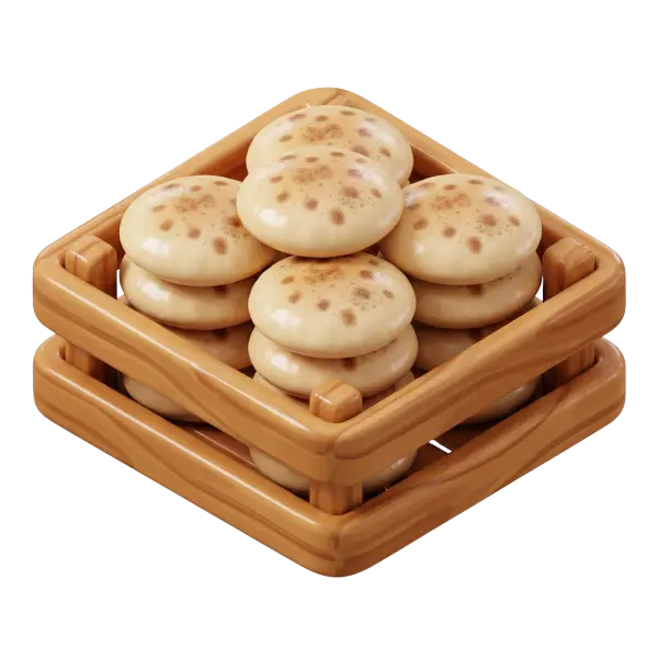 3D render of a small wooden crate stacked with round flatbreads (pita), smooth glossy wood finish and lightly toasted, slightly shiny bread surfaces, isolated on a black background.