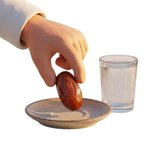 3D render of a single human hand in a white sleeve picking up a glossy date above a speckled ceramic plate, with a chilled glass of water beside it on a transparent background.