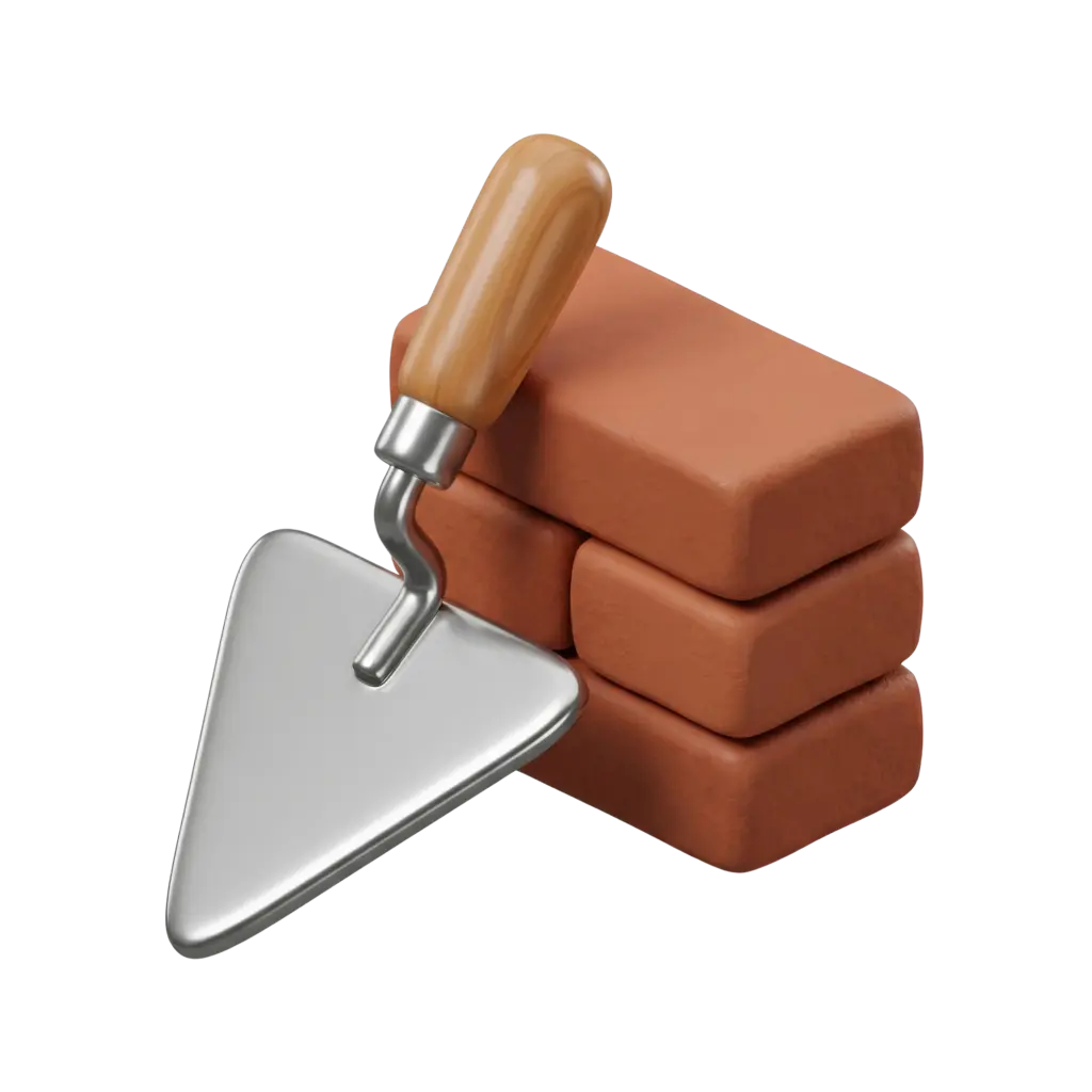 3D render of a masonry trowel with a triangular glossy metallic blade and a polished wooden handle leaning against three stacked reddish clay bricks; matte textured bricks and shiny metal blade on a transparent background.