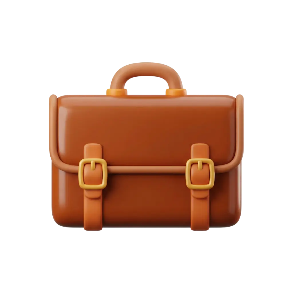 3D render of a closed brown briefcase with rounded edges, top handle and two front buckle straps; warm tan leather-like material with a glossy finish and gold-tone buckles, isolated on a transparent background.