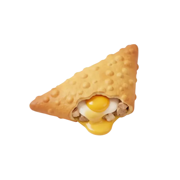 3D render of a triangular fried brik pastry with a bubbled golden-brown crust. The cut-open tip shows a runny egg yolk and small chunks of savory filling against a black background.