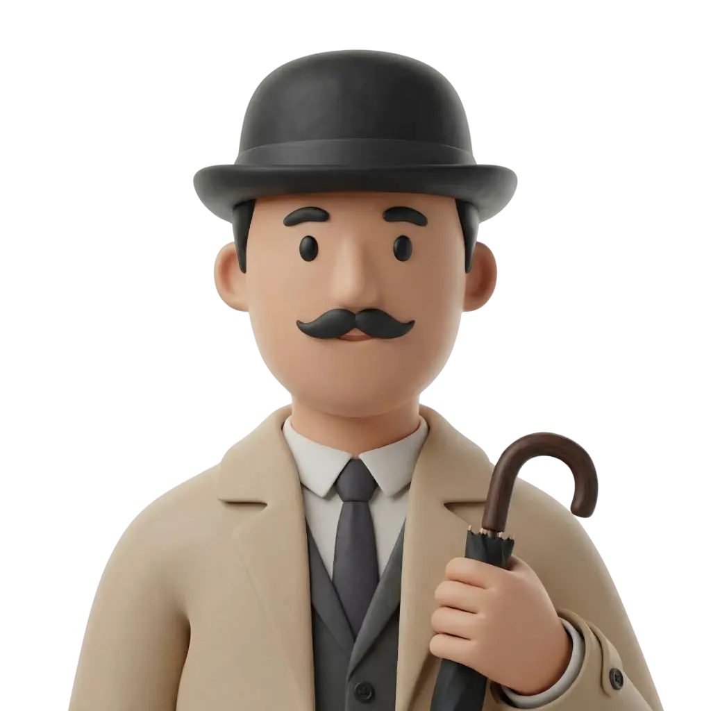 3D portrait bust of a male British gentleman wearing a black bowler hat, beige overcoat over a dark suit and tie, with a curled black mustache, holding a wooden-handled umbrella, neutral expression, facing forward against a black background.