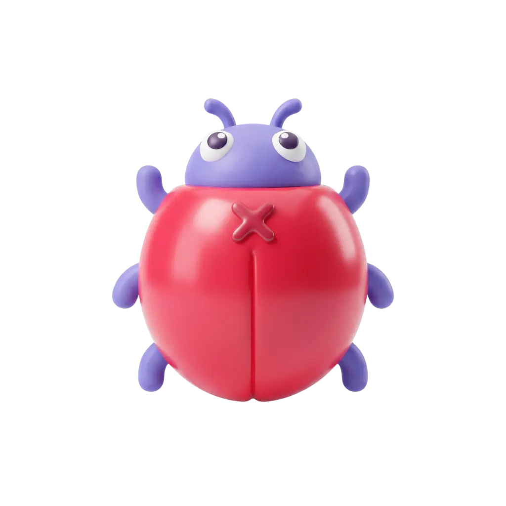 3D render of a stylized glossy red-and-purple bug icon with a raised X mark on its shell, smooth plastic-like finish, and isolated on a transparent background.