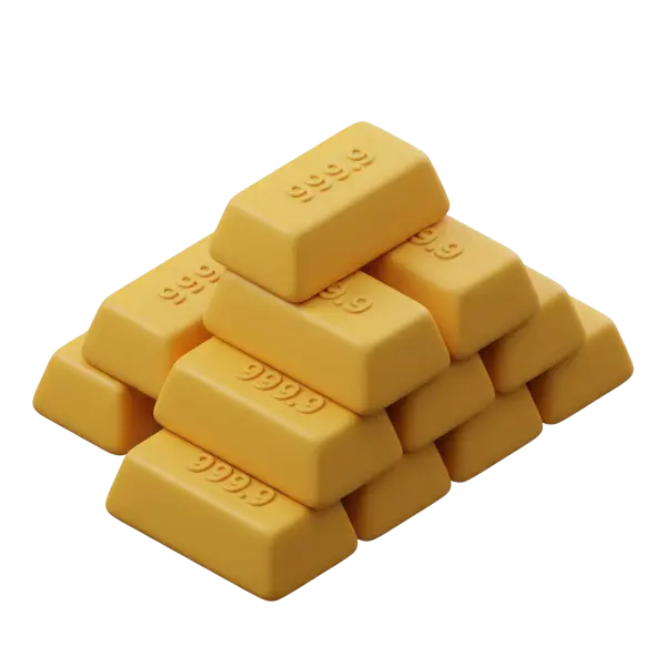 3D render of a pyramid stack of gold bullion bars with rounded edges, each stamped "999.9", smooth matte metallic gold finish and isolated on a transparent background.