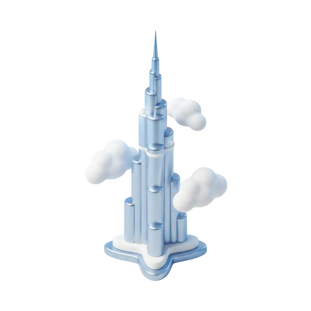 3D render of the Burj Khalifa: a stylized glossy light-blue metallic tower made of stacked cylindrical tiers and a pointed spire, with soft white cloud puffs around it on a black background.