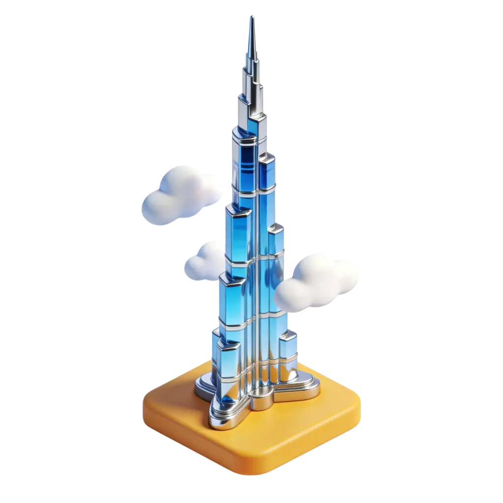 3D render of a stylized Burj Khalifa tower miniature with reflective blue glass panels and chrome edges, placed on a rounded yellow square base with three soft white cartoon-like clouds against a black background.
