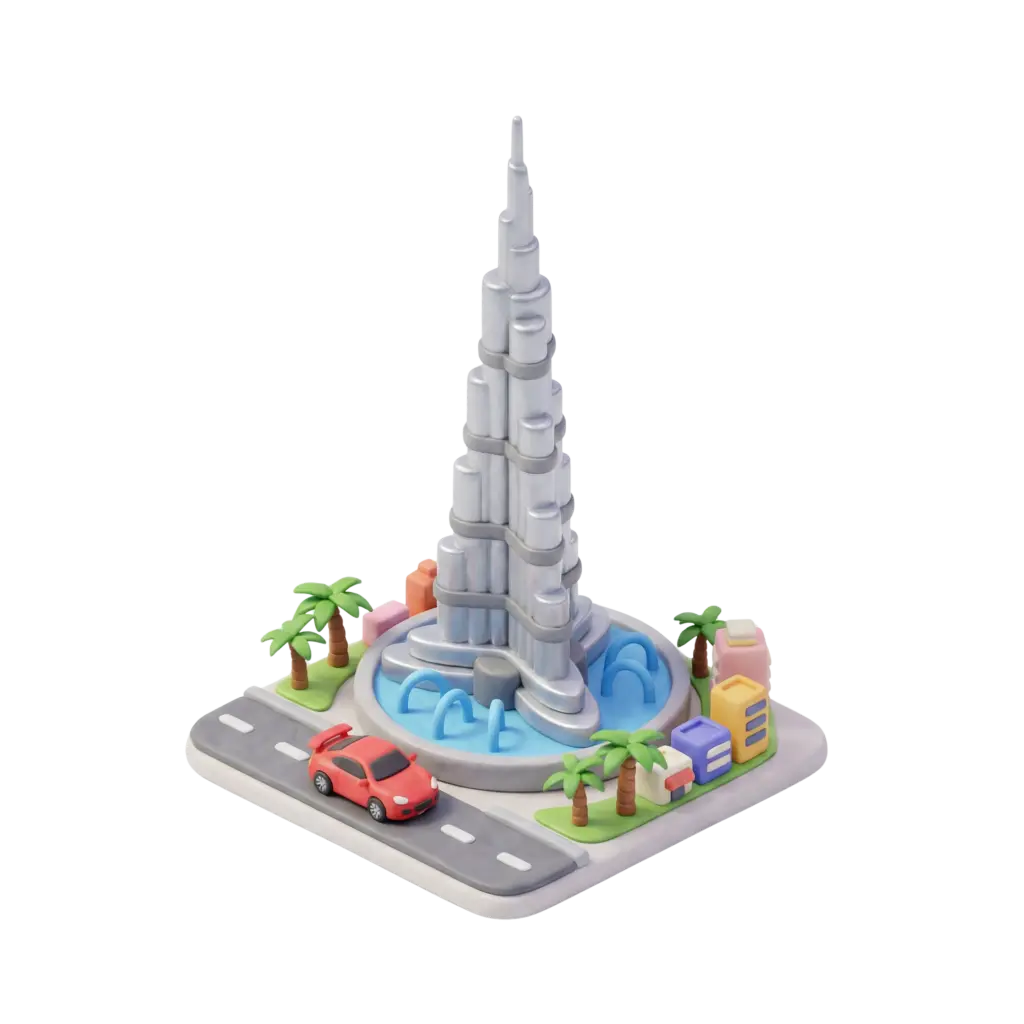 3D render of the Burj Khalifa as a stylized toy-like model with a tiered spire, circular fountain base, palm trees, small colorful buildings and a red car on a road; isometric perspective with soft studio lighting and isolated transparent background.