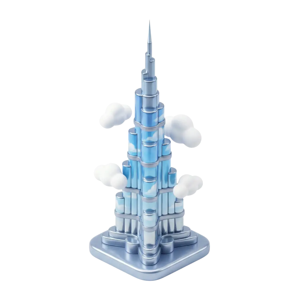 3D render of the Burj Khalifa as a stylized tiered spire with reflective blue-glass facades, metallic silver trims and small puffy clouds as accents, presented as an isolated render on a transparent background.