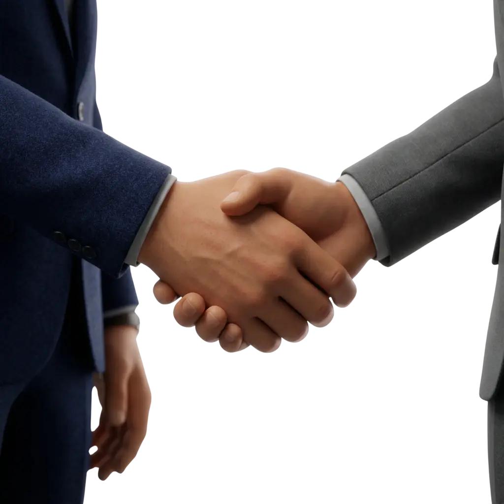3D render of two hands shaking between two suited professionals, showing realistic skin texture and visible veins, with navy and gray suit sleeves and matte fabric finish; isolated on a dark background.