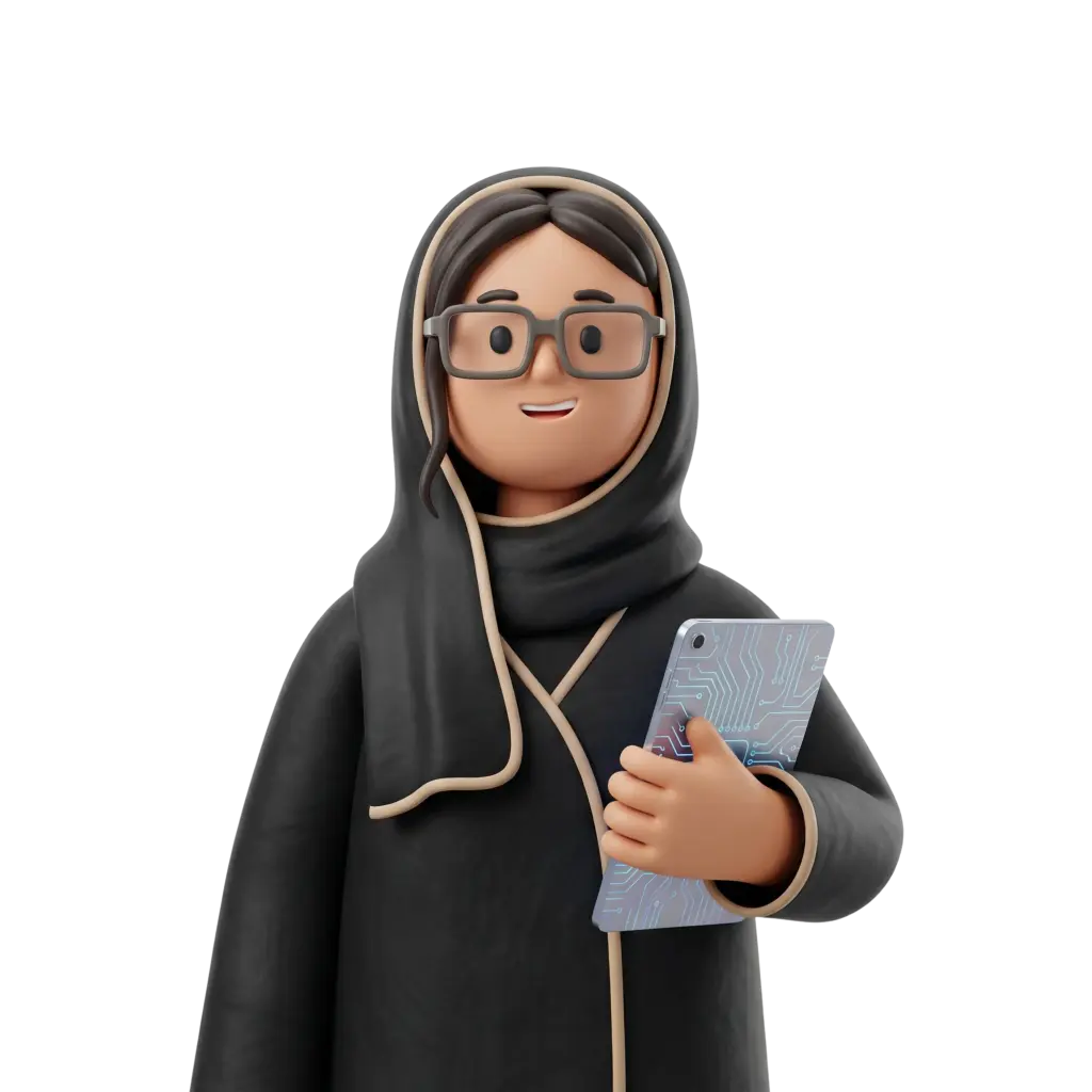 3D portrait bust of a female business hijabi wearing a black hijab with beige trim and a matching dark coat, rectangular glasses, smiling and holding a tablet with a circuit-board pattern; isolated on a black/transparent background.