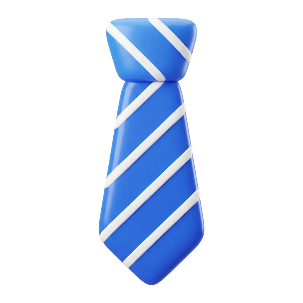 3D render of a stylized glossy blue business tie with diagonal white stripes, smooth rounded knot and tapered blade, isolated on a black background.