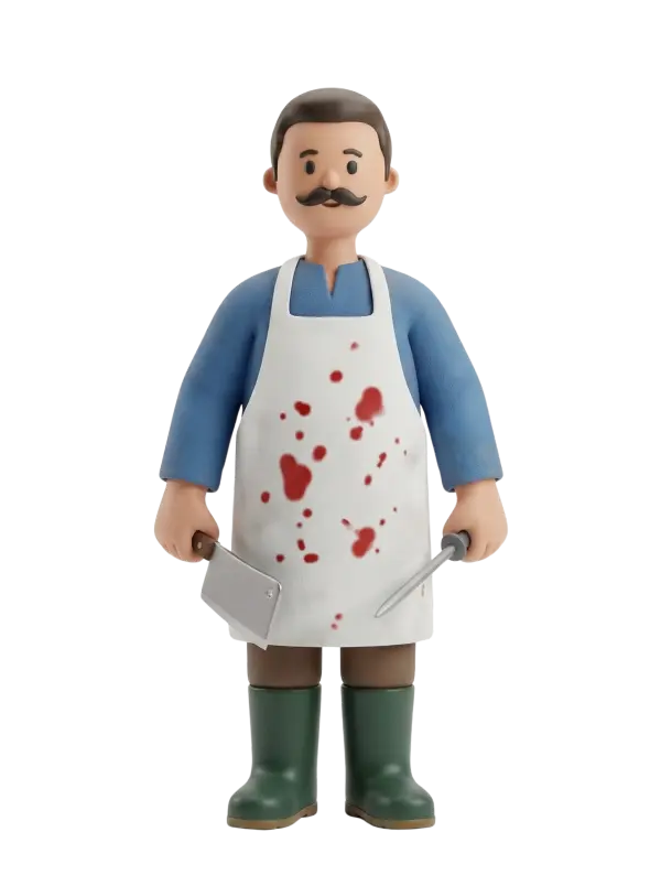 Full-body 3D character of a male butcher wearing a blue shirt, blood-spattered white apron, brown trousers and green rubber boots, with a short dark mustache. He holds a cleaver in one hand and a sharpening steel in the other, presented as an isolated render on a transparent background.