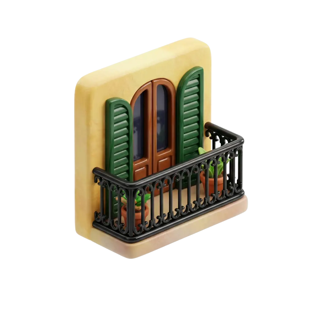 3D render of a small stylized balcony section with a yellow stucco wall, arched brown wooden double door, green louvered shutters, glossy black ornate wrought-iron railing, and terracotta plant pots; isolated on a transparent background.