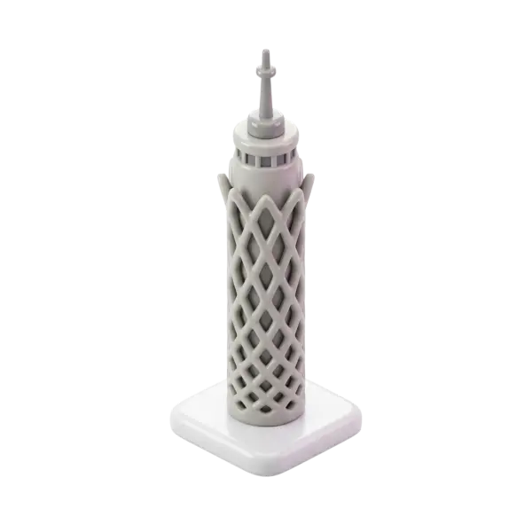 3D render of Cairo Tower with its distinctive lattice cylindrical shaft, rendered in light grey matte plastic with subtle glossy highlights and mounted on a white square base, isolated on a black background.