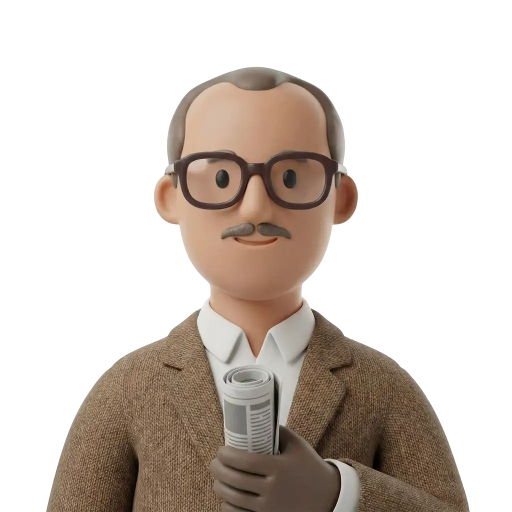 3D portrait bust of a male Cairo writer wearing brown tweed jacket and white shirt, round dark glasses, short grey hair and a small grey mustache, holding a rolled newspaper with gloved hands against a plain dark background. Friendly neutral expression, isolated studio-style render with soft matte materials.