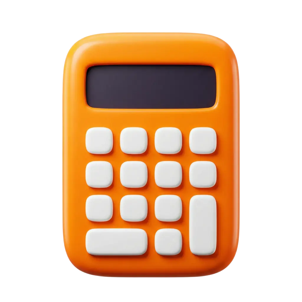3D render of an orange rounded calculator app icon with a glossy plastic finish, soft rounded corners, a dark recessed rectangular display and chunky white rounded square buttons, isolated on a black background.