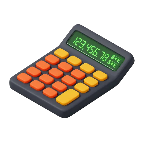3D render of a stylized calculator with a matte dark-gray body, rounded orange and yellow square keys, and a glowing green LED display showing numbers and currency symbols; isolated on a black/transparent background.