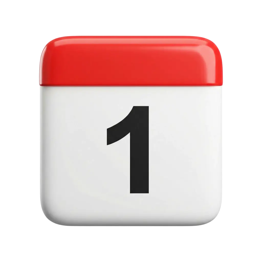3D render of a calendar date icon: a rounded white square block with a glossy red top header and a bold black '1' centered on the face, polished plastic-like finish, isolated on a transparent background.