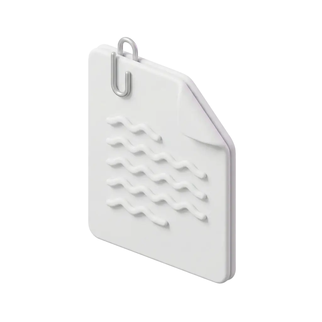 3D render of a white matte calendar page with a folded top-right corner, embossed wavy lines, a glossy silver paperclip and a subtle pink edge, isolated on a black background.