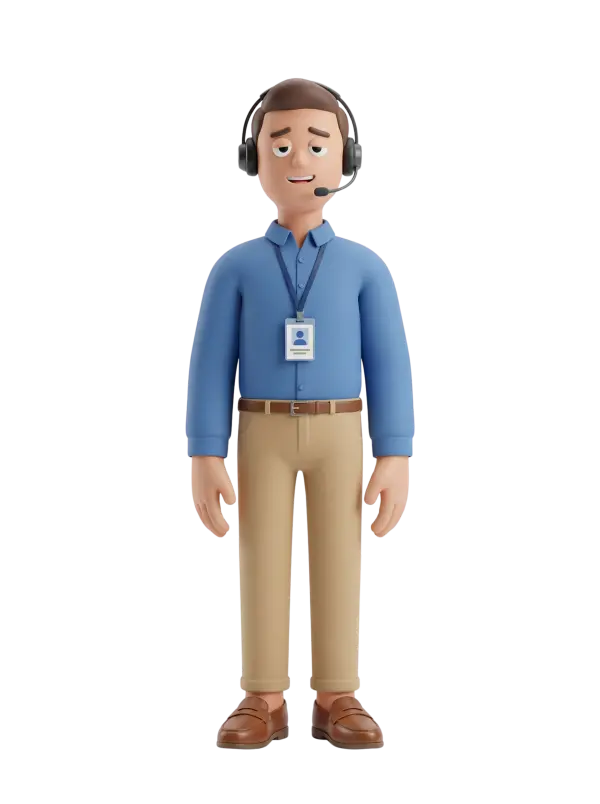 Full-body 3D character of a male call center agent wearing a blue button-up shirt, beige trousers, brown loafers and belt, with a headset microphone and ID lanyard. He stands in a relaxed neutral pose with a friendly half-smile and slightly raised eyebrows against an isolated dark/transparent background.