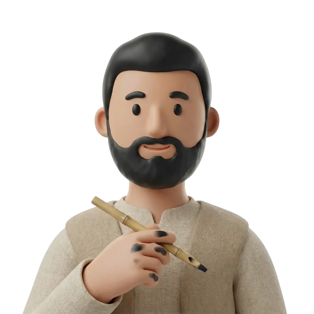 3D portrait bust of a male calligraphy artist with short black hair and a full black beard, wearing a beige textured traditional tunic and holding a bamboo reed pen with visible ink stains on his fingers against a transparent/black background.