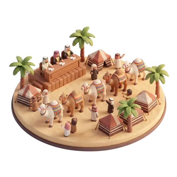3D render of a stylized camel beauty contest scene on a circular sandy base, showing a row of decorated camels with colorful saddles, judges at a wooden podium, Bedouin tents and palm trees; top-down perspective with warm, soft lighting and an isolated transparent background.