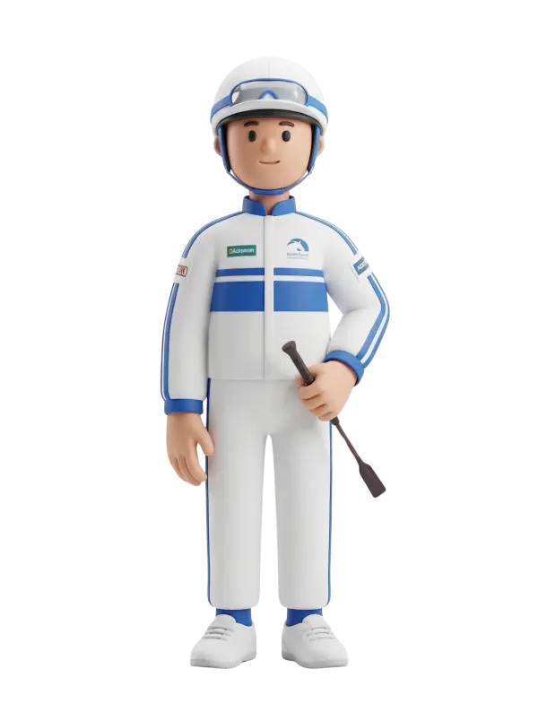 Full-body 3D character of a male camel jockey wearing white-and-blue racing silks, a white helmet with goggles, and white sneakers while holding a short riding stick. Neutral smile and relaxed standing pose against a plain black background.