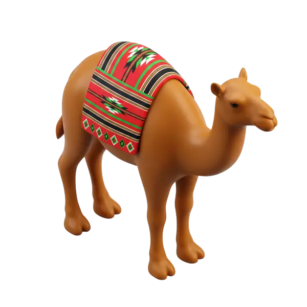 3D render of a stylized brown camel with a red patterned saddle blanket, smooth matte finish and soft rounded forms, shown on an isolated dark background.