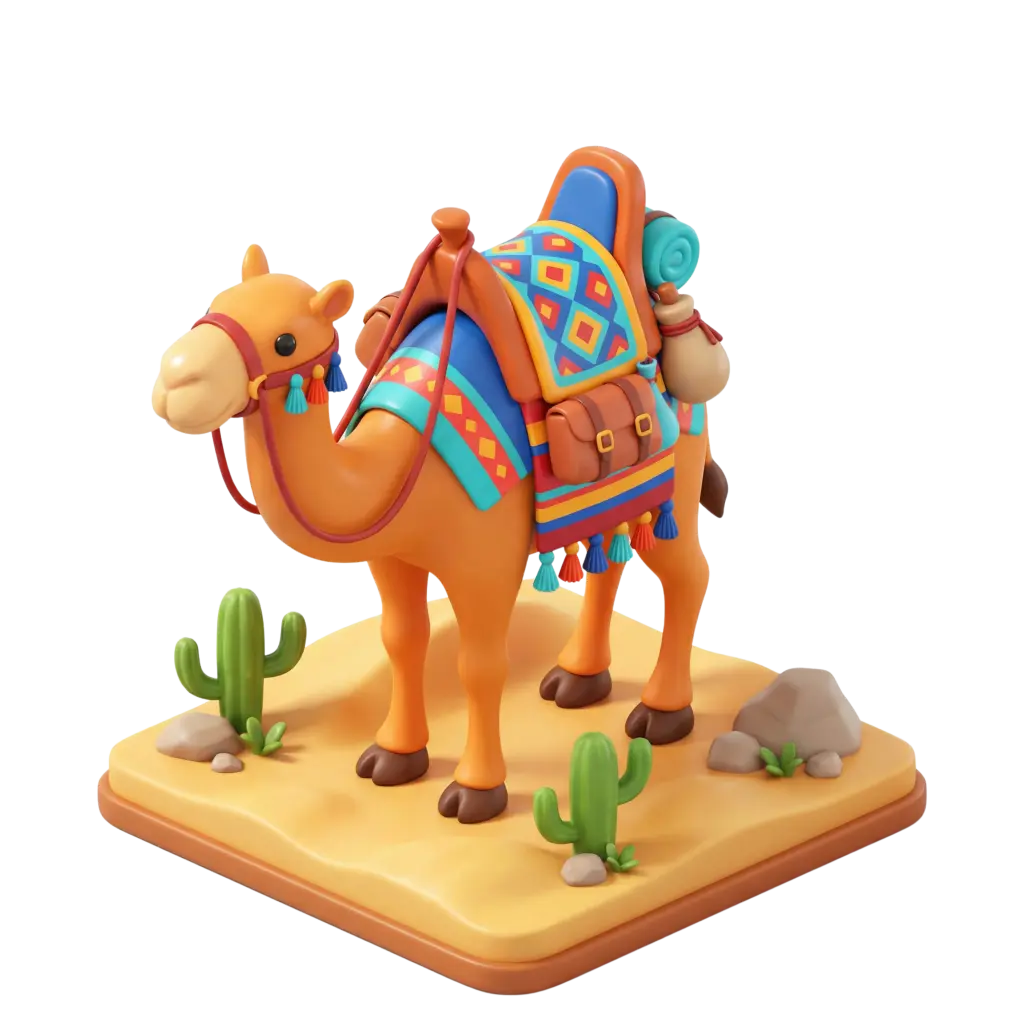 3D render of a stylized orange camel with a colorful patterned saddle, tassels, saddlebags and a rolled blanket, smooth matte-plastic finish on a small sandy diorama base with cacti; isolated on a transparent background.