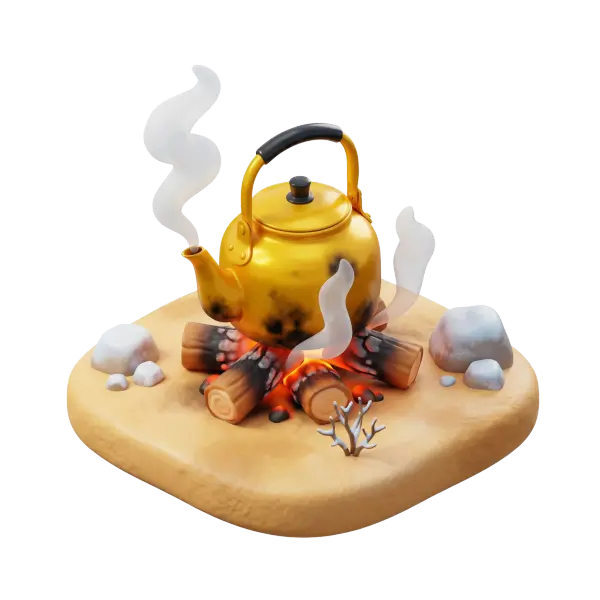 3D render of a glossy golden metal kettle sitting over glowing campfire logs on a small sandy base, with curling white steam and scattered rocks, isolated on a transparent background.