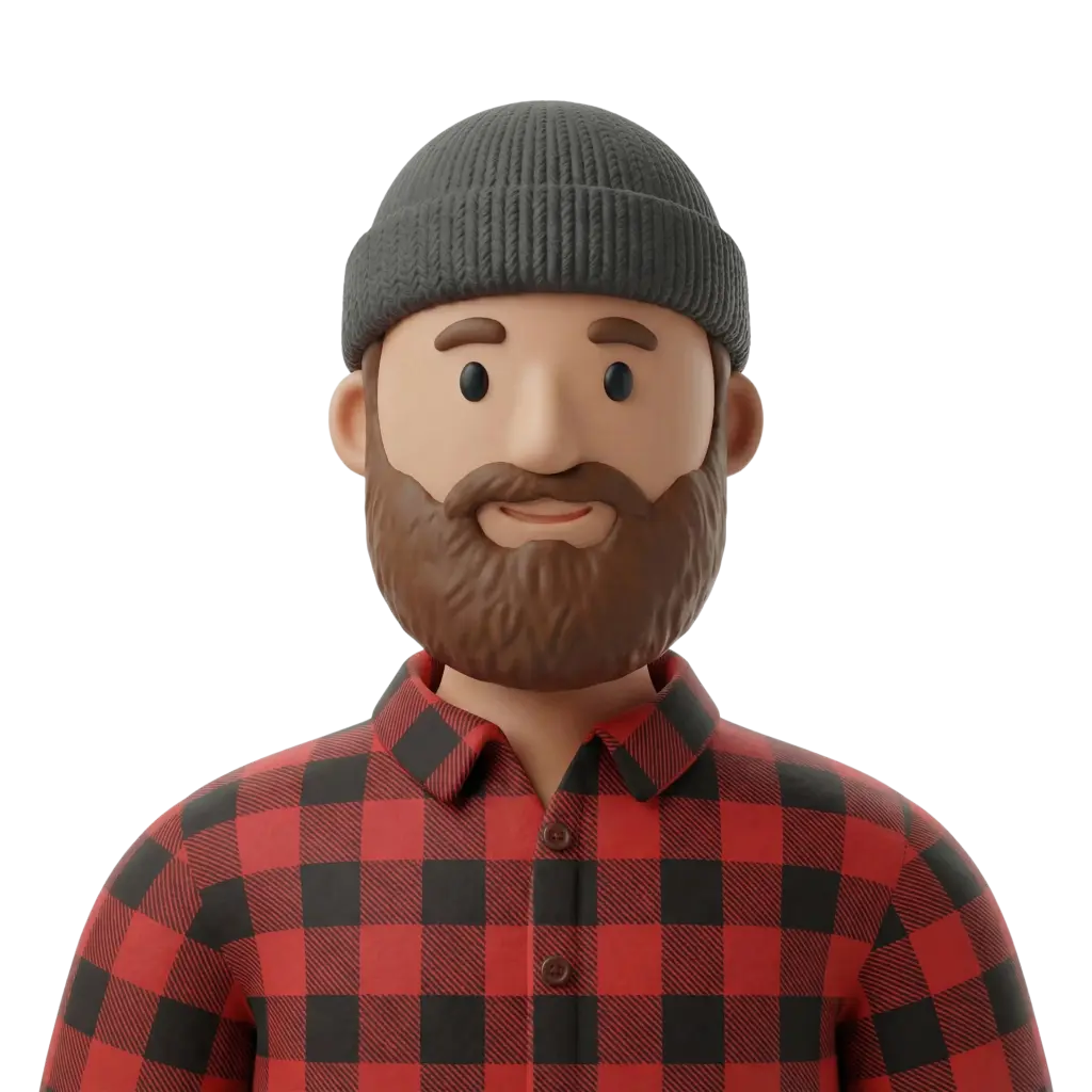 3D portrait bust of a bearded Canadian man wearing a gray knit beanie and a red-and-black checkered flannel shirt, neutral smile, facing forward on a black background.