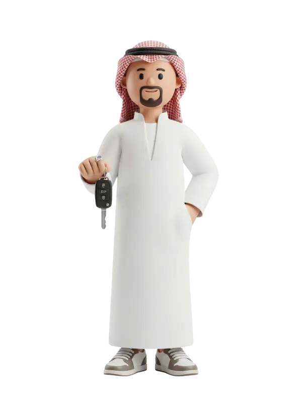 Full-body 3D character of a male Gulf car enthusiast wearing a white thobe and red-checkered ghutra with a black agal, short dark beard, and casual sneakers; he holds a car key fob extended in his right hand while his left hand rests in his pocket, shown on an isolated dark background. The expression is friendly and confident, with an isolated render style ideal for asset use.