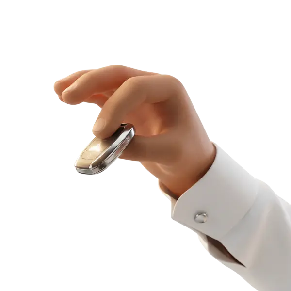 3D render of a hand holding a sleek metallic car key fob with glossy chrome edges, matte central buttons, and a white cuff visible; isolated on a transparent background.