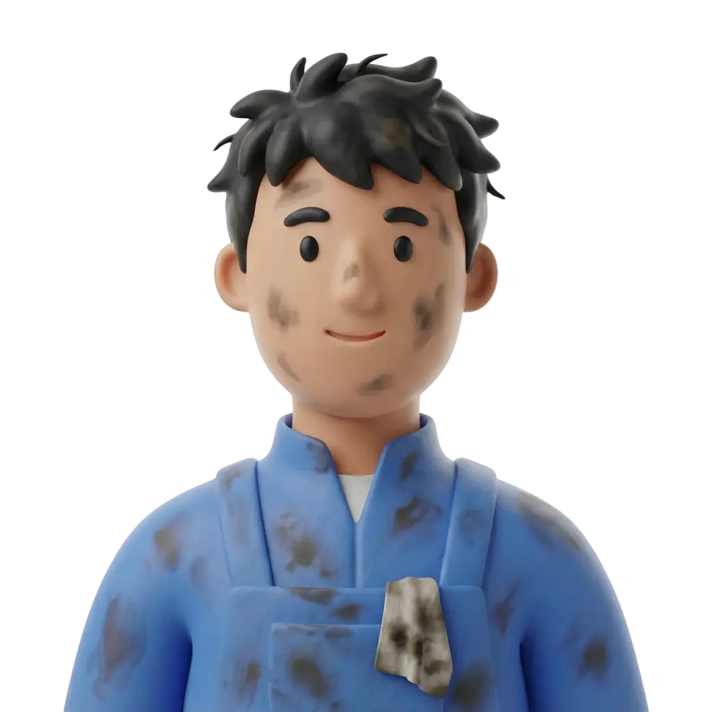 3D portrait bust of a male car mechanic with tousled black hair, a slight smile, and grease smudges on his face; wearing a stained blue coverall with a dirty rag tucked into the front apron against a plain dark background.