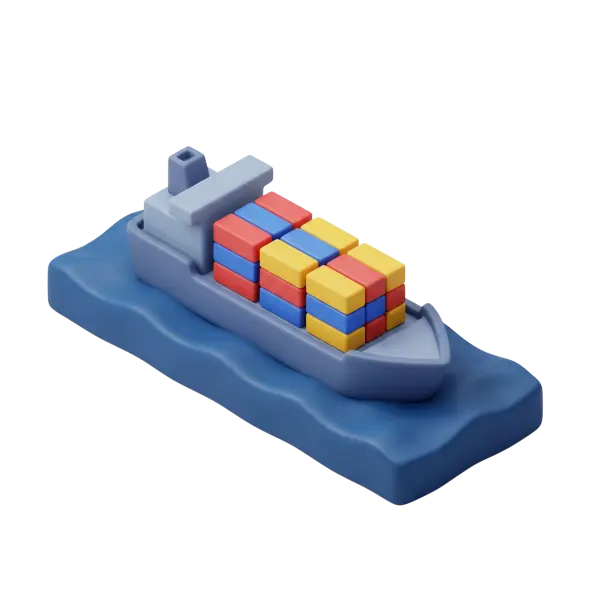 3D render of a stylized cargo ship with stacked red, yellow, and blue containers, smooth matte-plastic hull and a simplified wavy base, presented as an isolated render on a black background.