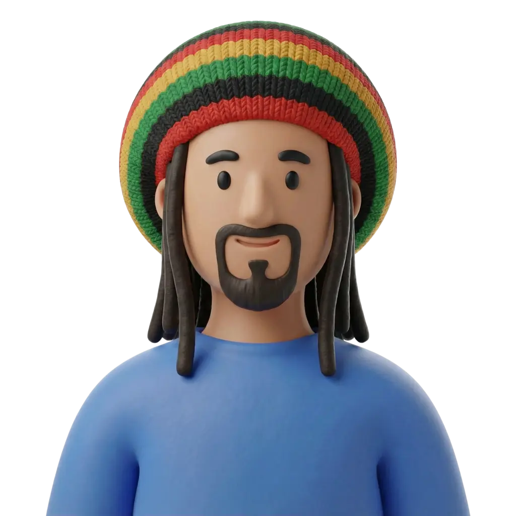 3D portrait bust of a male Caribbean figure wearing a multicolored knitted Rasta hat (red, yellow, green, black), with long dreadlocks, a short goatee, and a blue shirt. He has a gentle smile, relaxed expression, neutral pose, and a plain black background.