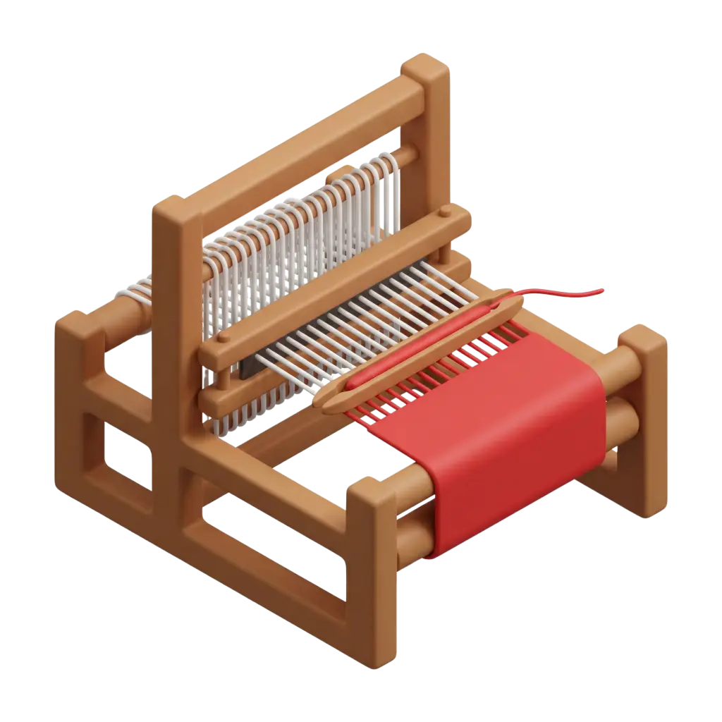 3D render of a small tabletop carpet loom with a matte brown wooden frame, white warp threads, a bright red woven strip and a wooden shuttle; smooth plastic-like material finish and isolated on a black background.