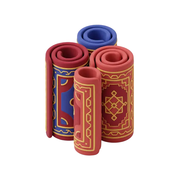 3D render of four rolled decorative carpets in red and blue with raised golden geometric motifs, soft matte clay-like finish, isolated on a transparent background.