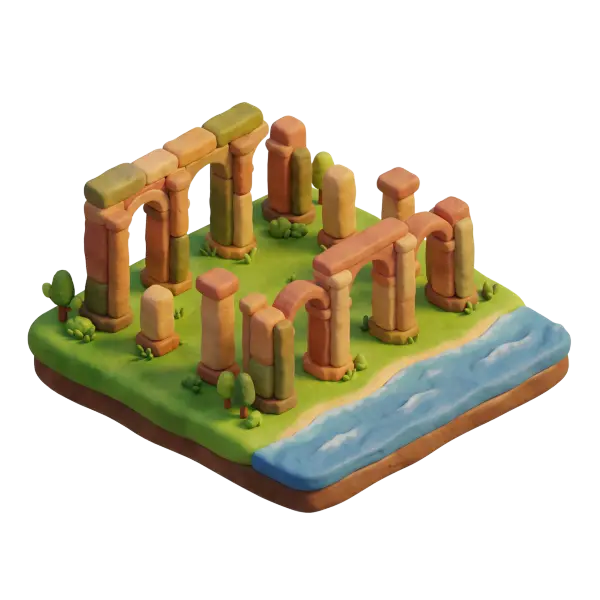 3D clay-style depiction of Carthage ruins on a small grassy coastal diorama with sandy-colored stone columns, arches, tiny trees and a blue water channel. Isometric perspective with soft warm studio lighting and an isolated transparent background.