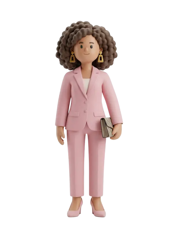 Full-body 3D character of a woman wearing a pink tailored pantsuit and matching heels, curly brown hair, gold geometric earrings, holding a beige patterned clutch, neutral smile and a straight professional pose against a black isolated background.