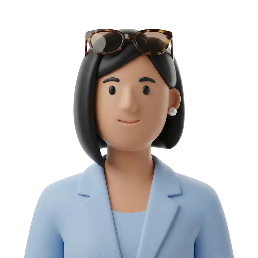 3D portrait bust of a female executive with short black hair, wearing a light blue blazer and matching top, a pearl stud earring, and tortoiseshell sunglasses resting on her head; neutral friendly expression against a dark isolated background.